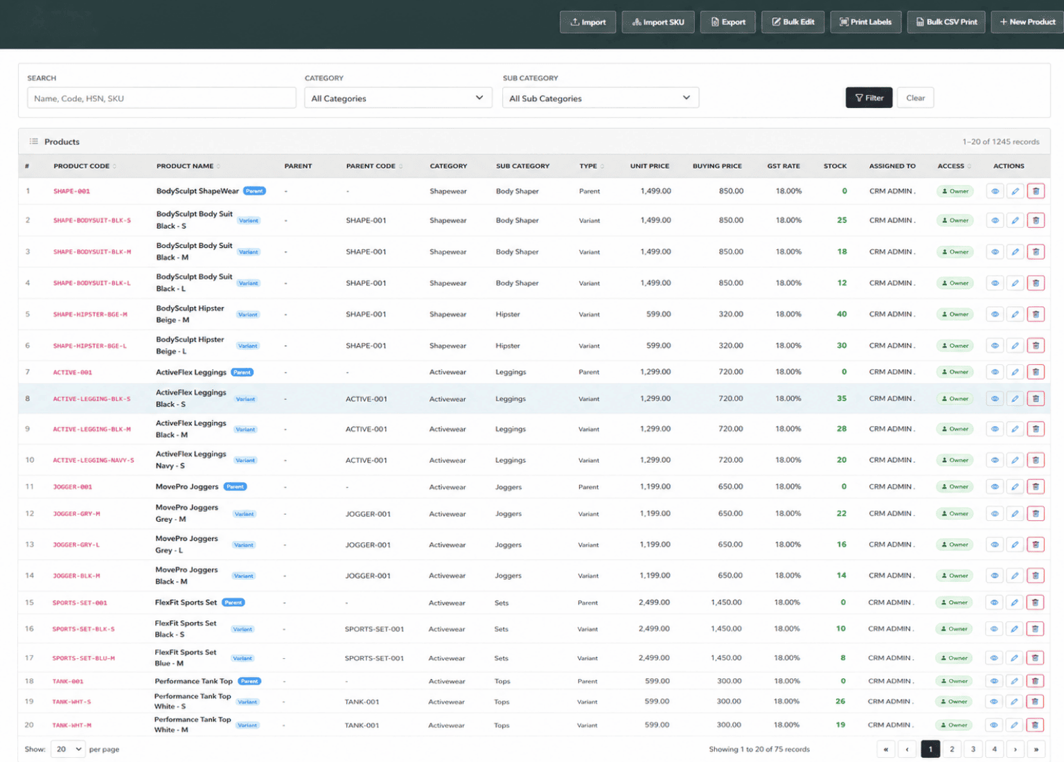 Garment parent style master dashboard
